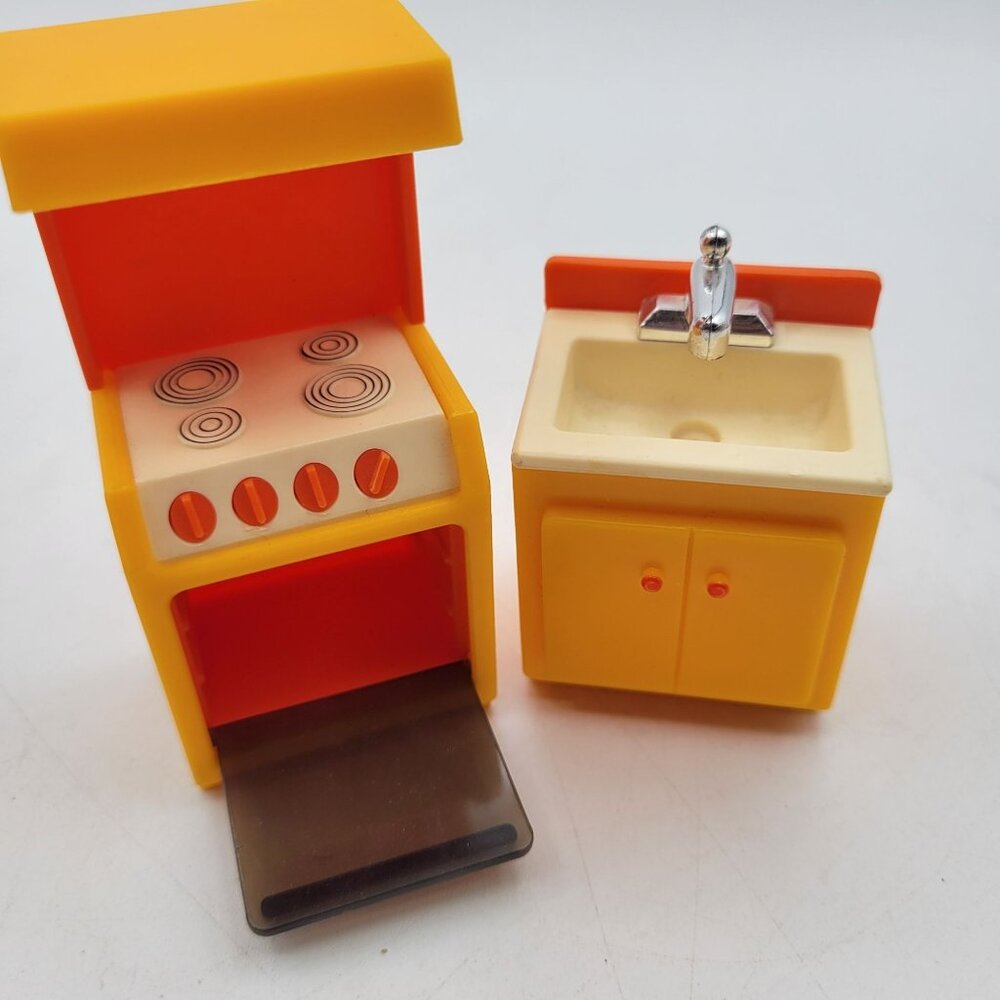 Fisher Price Dollhouse #274 Furniture Lot Vintage 1977 Piano Fireplace Kitchen - Picture 4 of 16